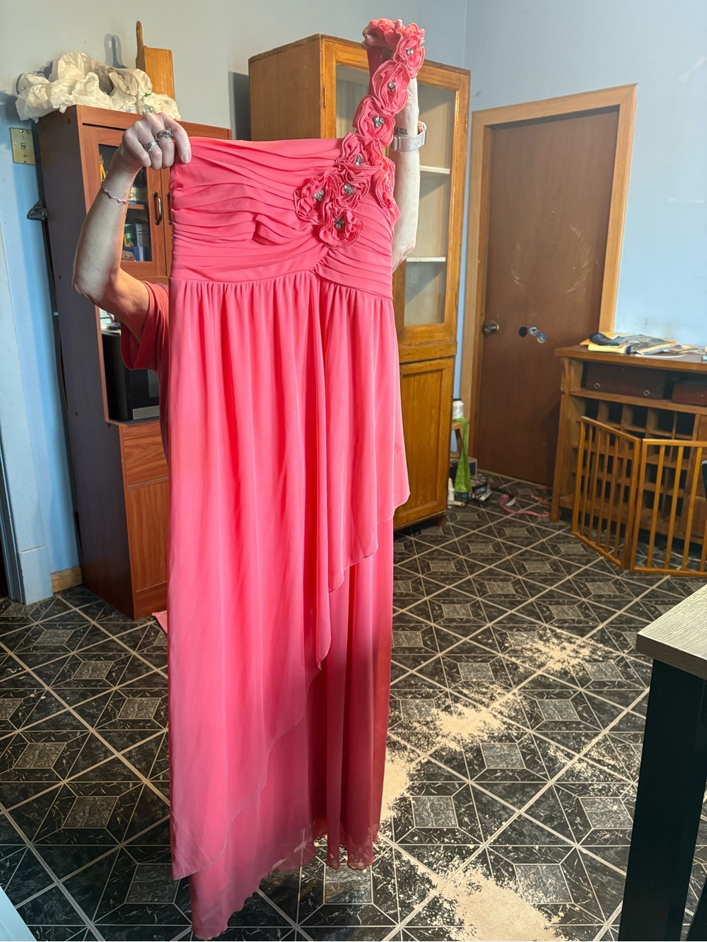 One-Shoulder Coral Chiffon Evening Gown